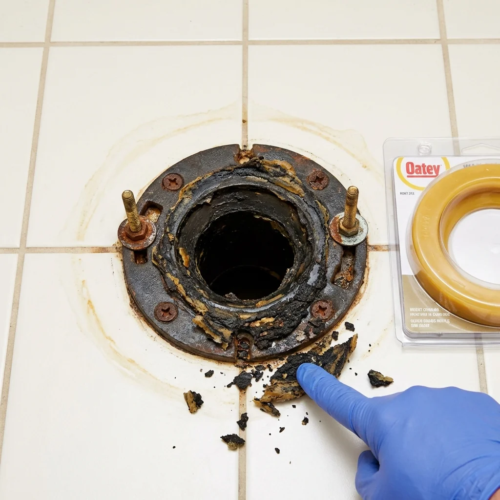Failed wax ring showing water seepage at the base of a toilet in a Carrollton, KY home