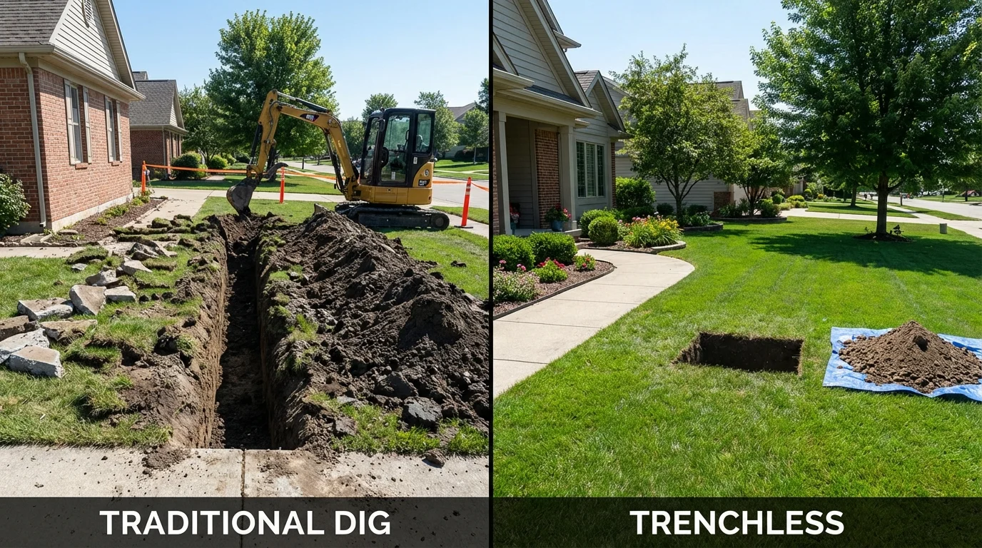 Trenchless sewer repair with minimal yard damage versus traditional excavation in Carrollton, KY